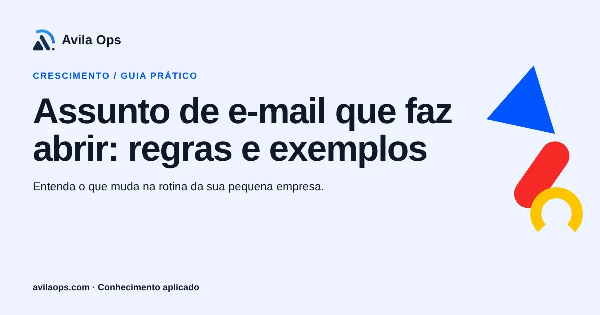 Cartaz editorial com o título “Assunto de e-mail que faz abrir: regras e exemplos” e formas azul, vermelha e amarela da Avila Ops.