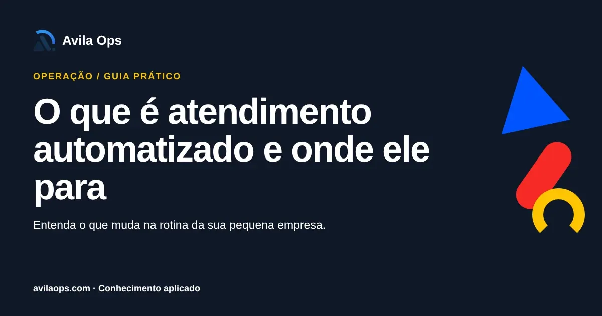 Cartaz editorial com o título “O que é atendimento automatizado e onde ele para” e formas azul, vermelha e amarela da Avila Ops.