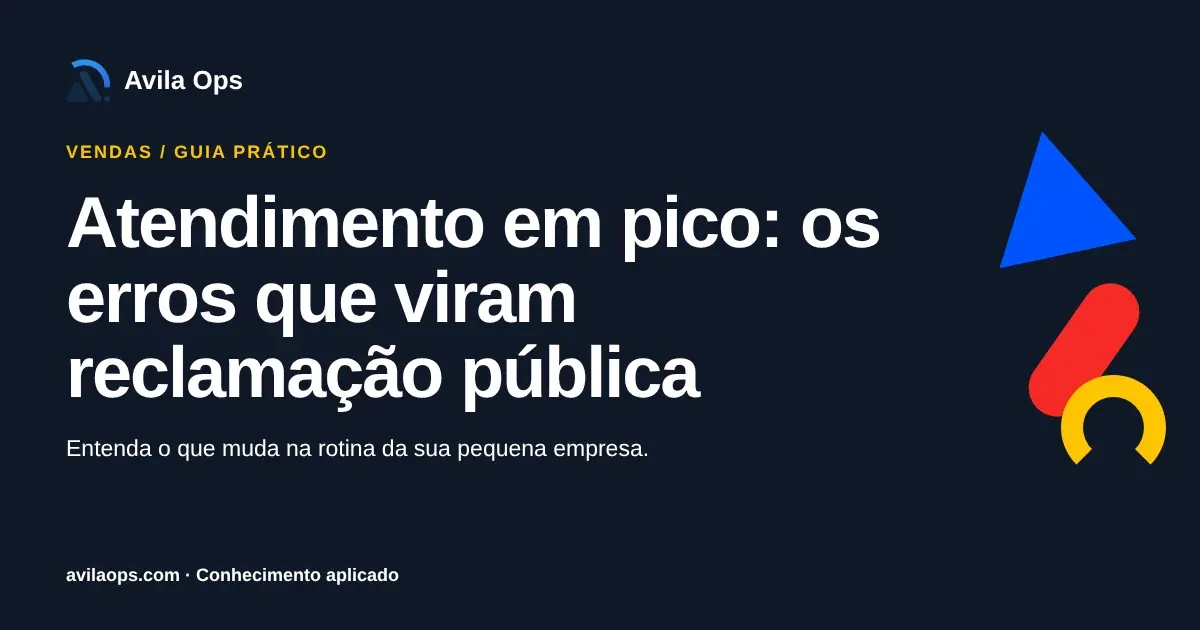 Cartaz editorial com o título “Atendimento em pico: os erros que viram reclamação pública” e formas azul, vermelha e amarela da Avila Ops.