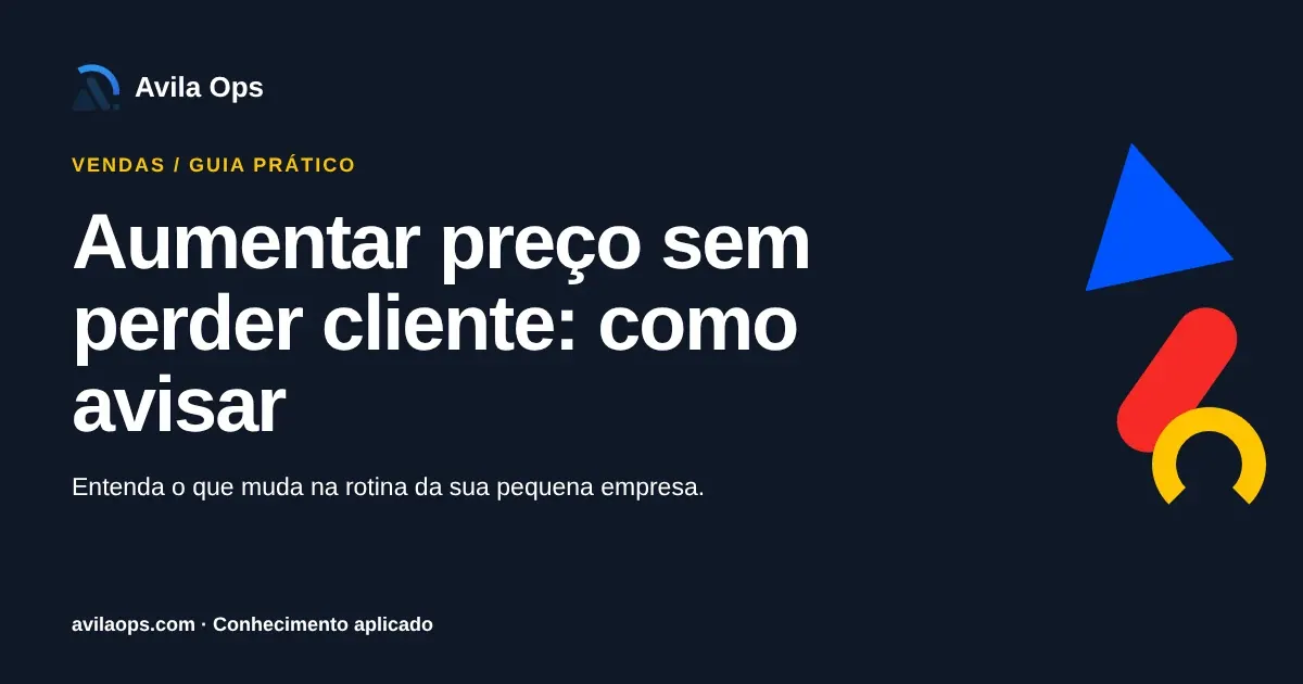 Cartaz editorial com o título “Aumentar preço sem perder cliente: como avisar” e formas azul, vermelha e amarela da Avila Ops.