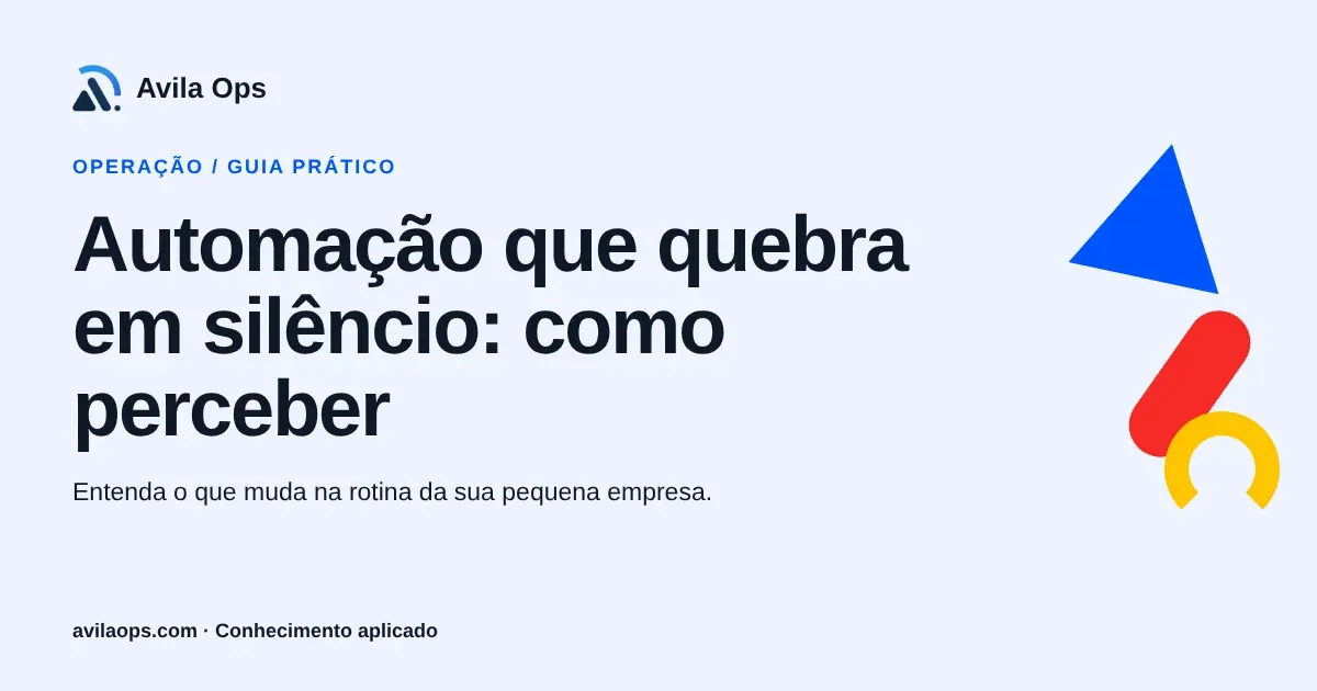 Cartaz editorial com o título “Automação que quebra em silêncio: como perceber” e formas azul, vermelha e amarela da Avila Ops.