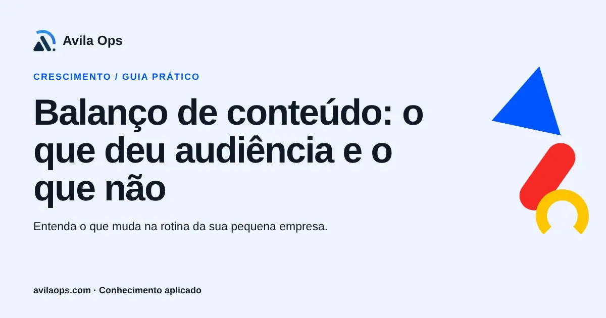 Cartaz editorial com o título “Balanço de conteúdo: o que deu audiência e o que não” e formas azul, vermelha e amarela da Avila Ops.
