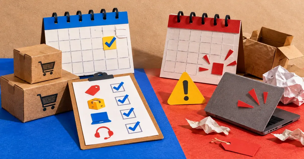 Calendário e lista de oferta, estoque, site e atendimento contrastam preparação antecipada e correria de última hora.