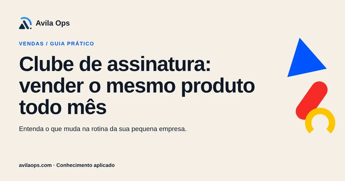 Cartaz editorial com o título “Clube de assinatura: vender o mesmo produto todo mês” e formas azul, vermelha e amarela da Avila Ops.
