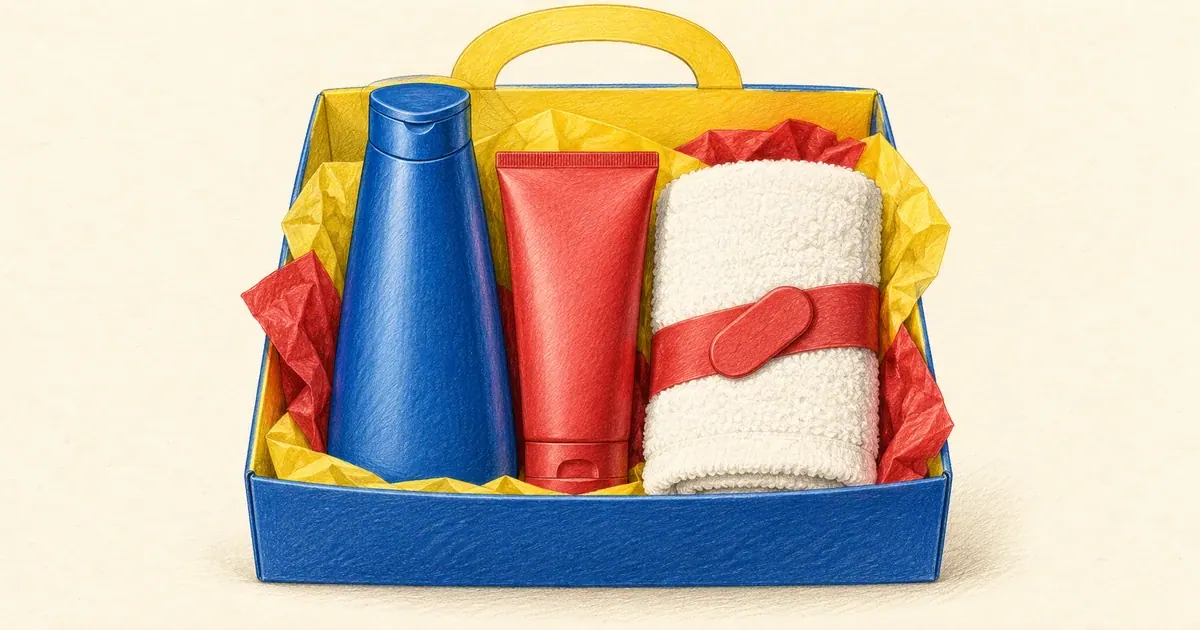 Shampoo, condicionador e toalha reunidos em uma caixa mostram produtos complementares vendidos como kit.