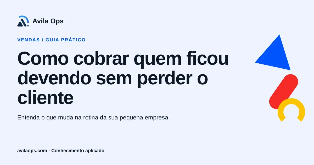 Cartaz editorial com o título “Como cobrar quem ficou devendo sem perder o cliente” e formas azul, vermelha e amarela da Avila Ops.