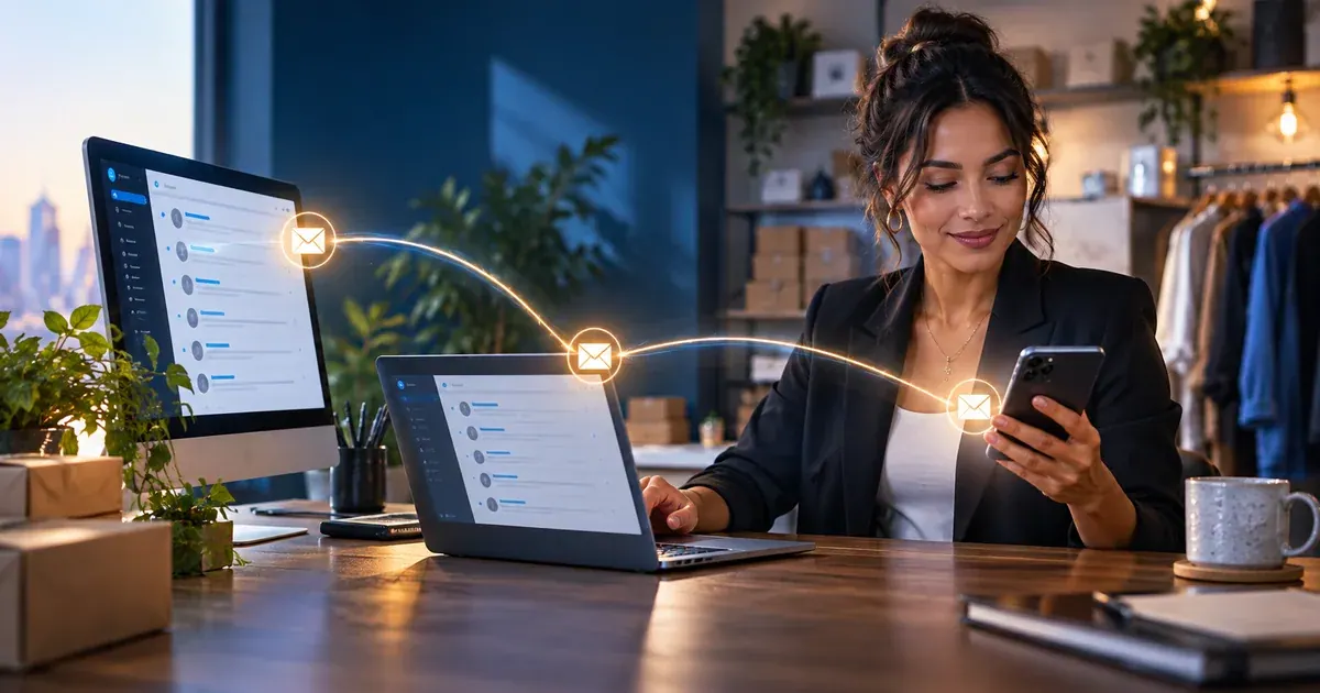 Profissional consulta mensagens no celular ao lado do notebook, representando e-mail em diferentes aparelhos.