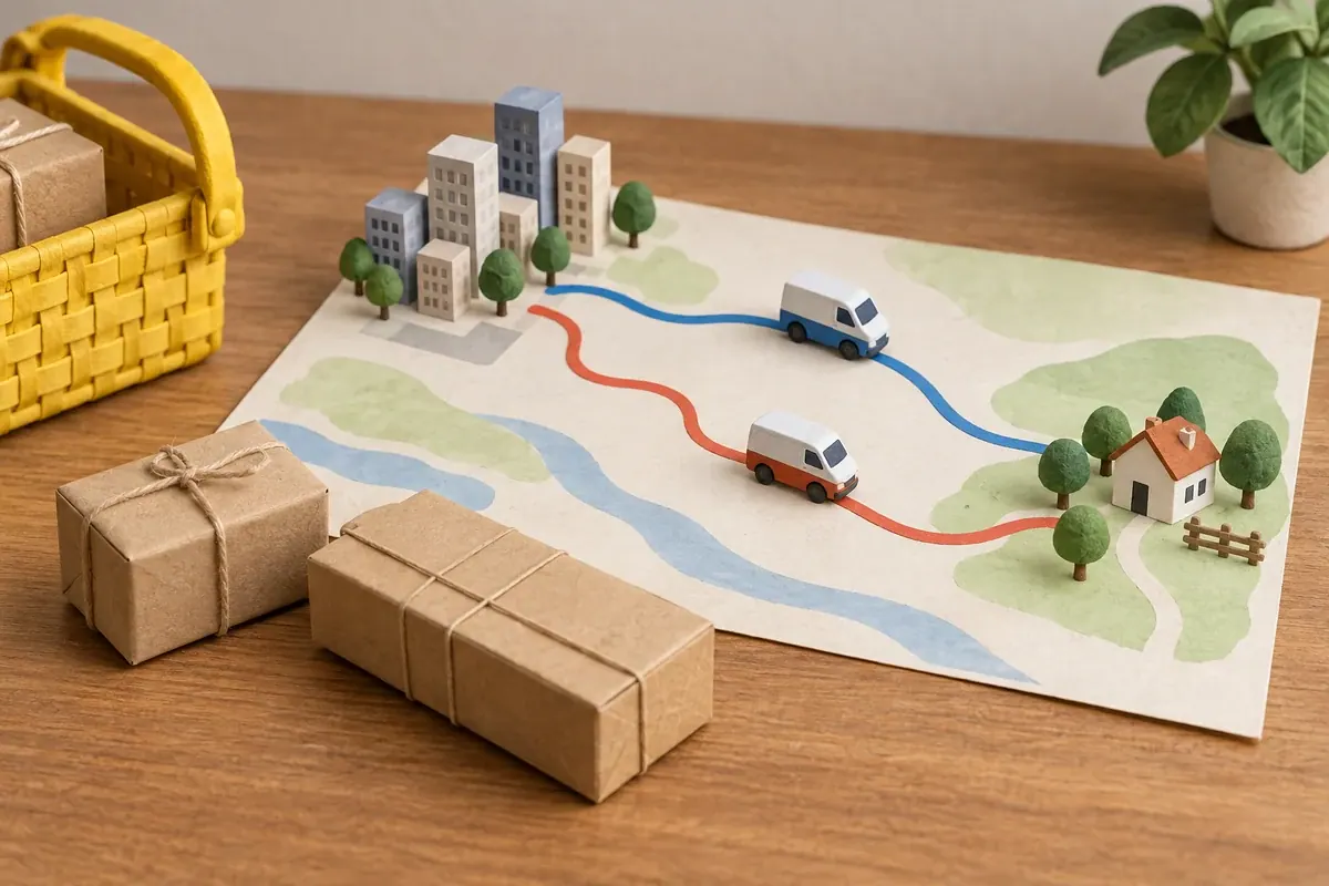 Encomendas de tamanhos diferentes acompanham duas rotas entre cidade e interior para comparar transportadoras.
