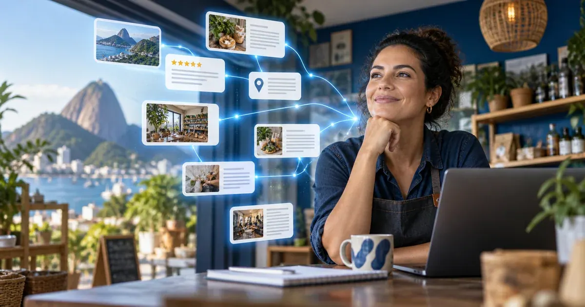 Empresária diante de notebook com páginas e respostas conectadas, representando descoberta por assistentes de IA.