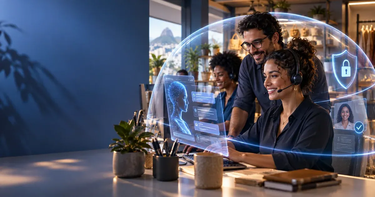 Equipe diante de computador com cadeado ilustrado, representando proteção de dados no uso de IA.