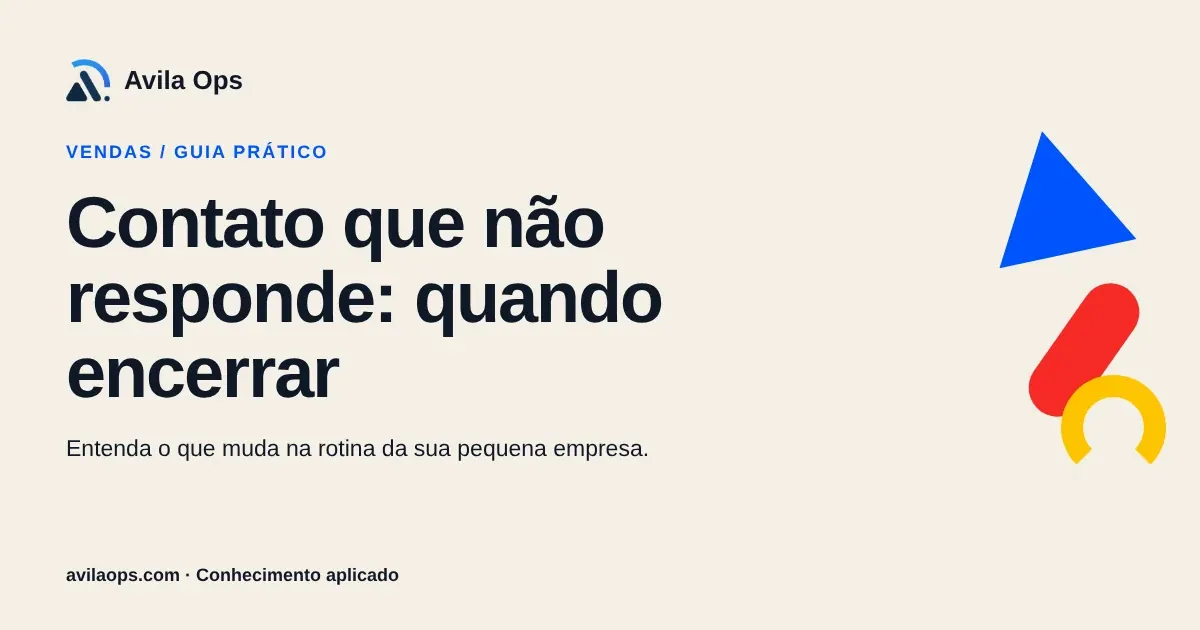 Cartaz editorial com o título “Contato que não responde: quando encerrar” e formas azul, vermelha e amarela da Avila Ops.