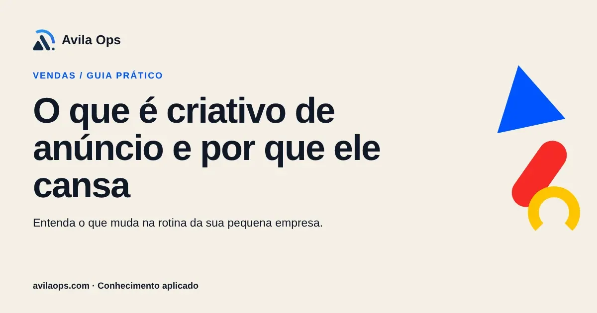 Cartaz editorial com o título “O que é criativo de anúncio e por que ele cansa” e formas azul, vermelha e amarela da Avila Ops.