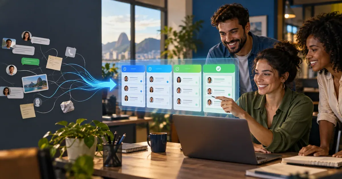 Equipe acompanha um quadro de contatos e tarefas, representando organização de clientes no CRM.