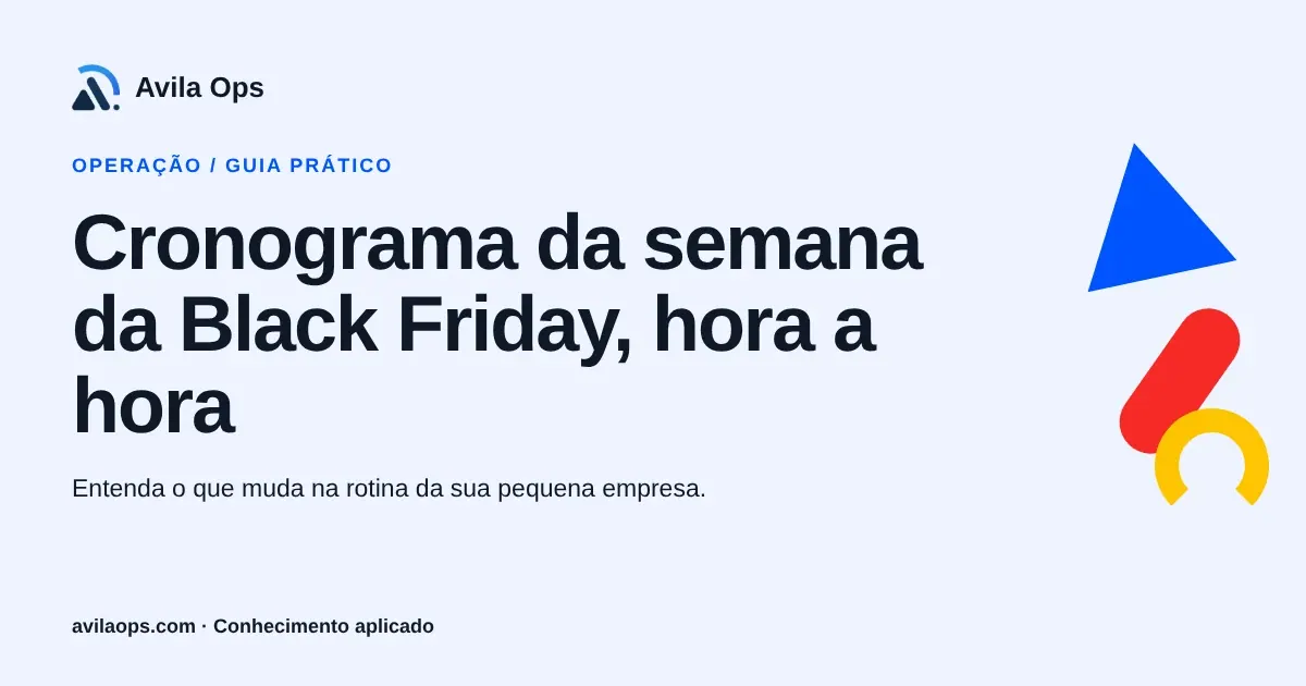 Cartaz editorial com o título “Cronograma da semana da Black Friday, hora a hora” e formas azul, vermelha e amarela da Avila Ops.