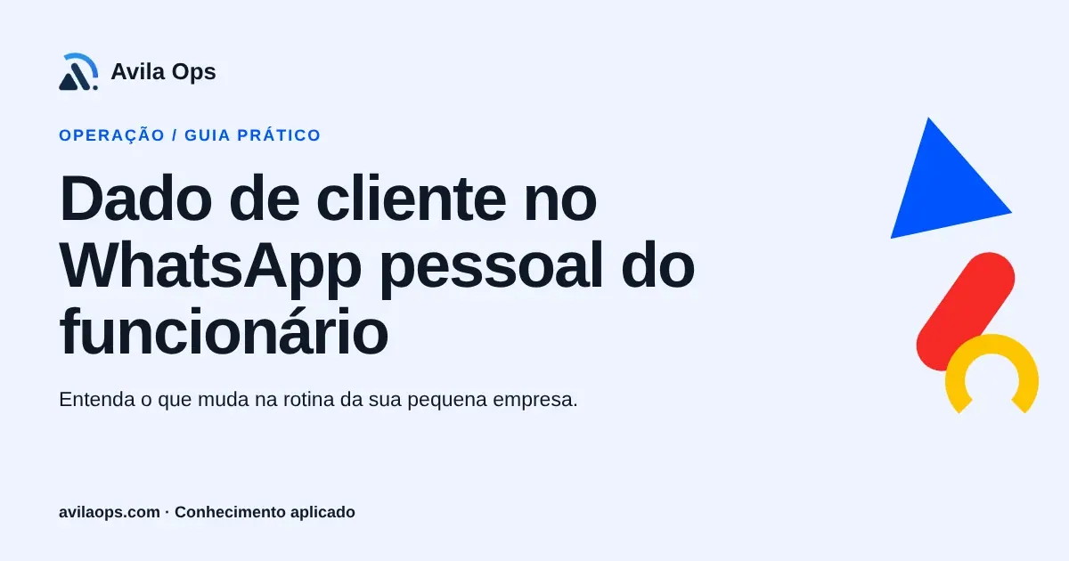 Cartaz editorial com o título “Dado de cliente no WhatsApp pessoal do funcionário” e formas azul, vermelha e amarela da Avila Ops.