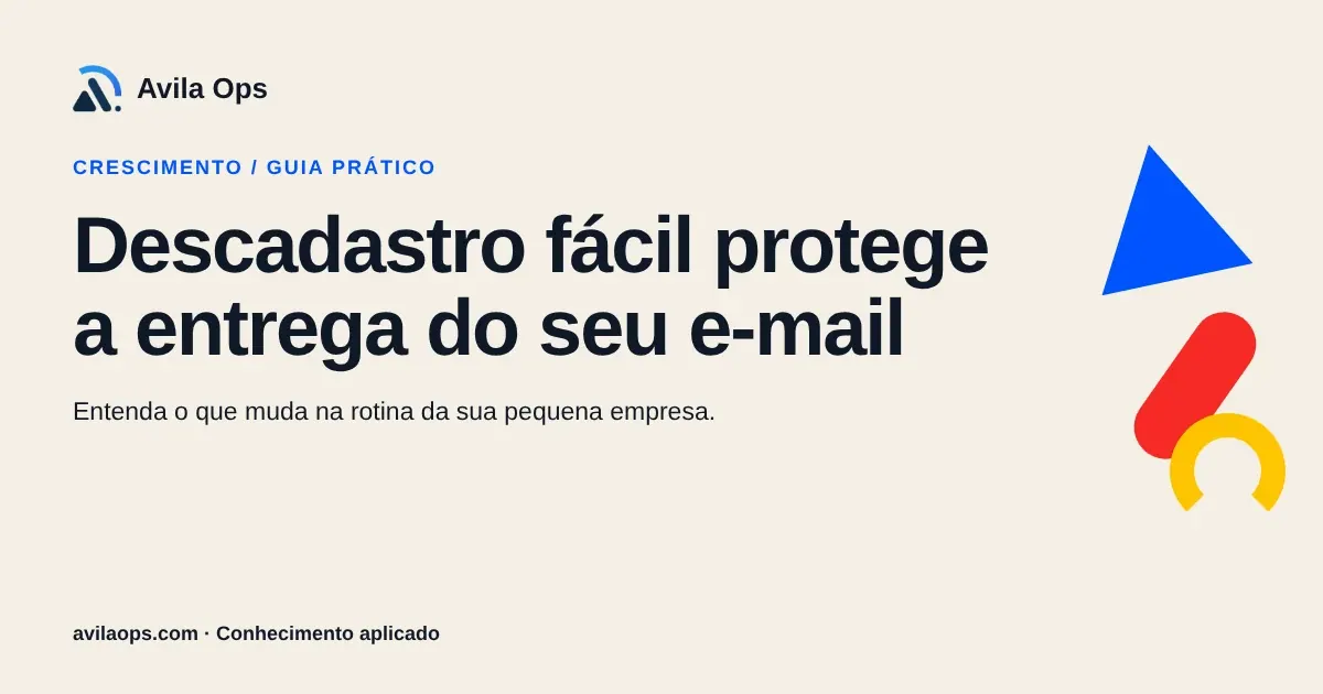 Cartaz editorial com o título “Descadastro fácil protege a entrega do seu e-mail” e formas azul, vermelha e amarela da Avila Ops.