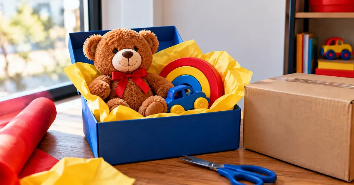 Kit de brinquedos preparado para presente fica junto da embalagem de envio.