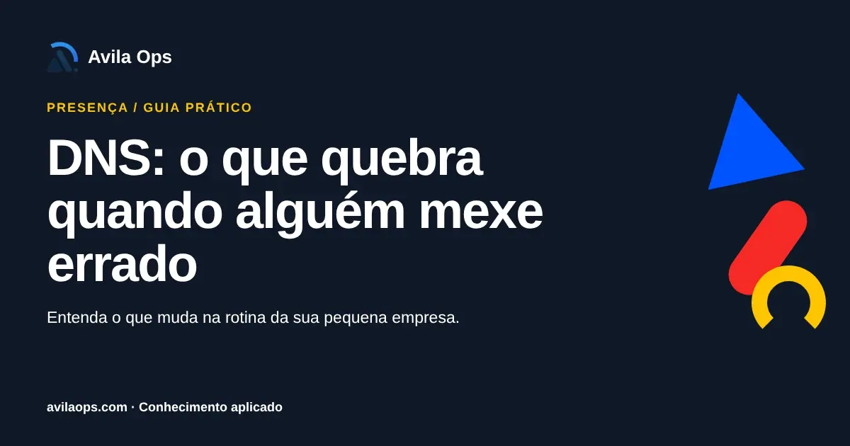 Cartaz editorial com o título “DNS: o que quebra quando alguém mexe errado” e formas azul, vermelha e amarela da Avila Ops.