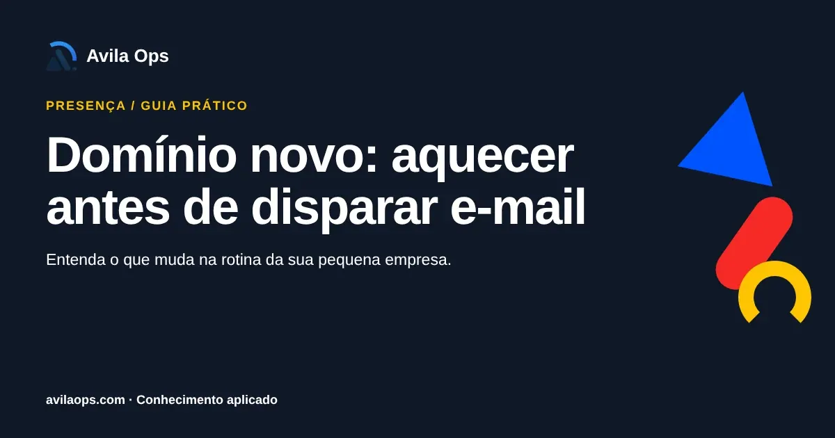 Cartaz editorial com o título “Domínio novo: aquecer antes de disparar e-mail” e formas azul, vermelha e amarela da Avila Ops.