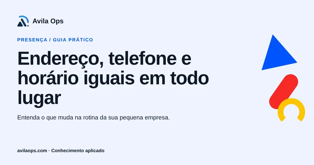 Cartaz editorial com o título “Endereço, telefone e horário iguais em todo lugar” e formas azul, vermelha e amarela da Avila Ops.