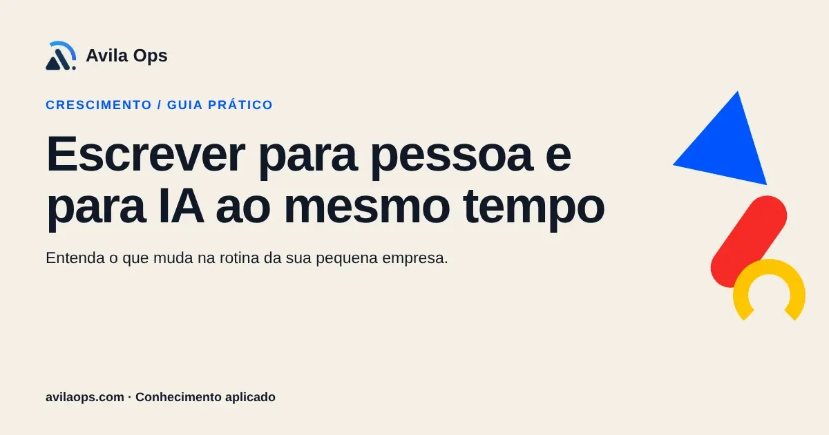 Cartaz editorial com o título “Escrever para pessoa e para IA ao mesmo tempo” e formas azul, vermelha e amarela da Avila Ops.