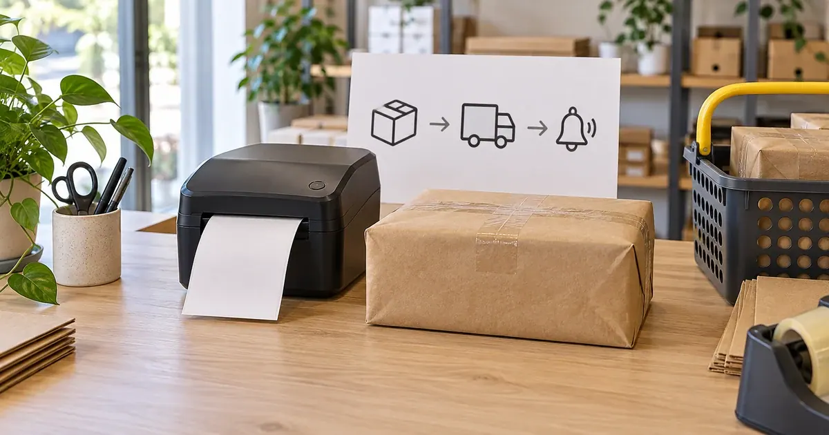 Impressora de etiquetas e pacote acompanham uma sequência de envio e aviso de rastreio ao cliente.