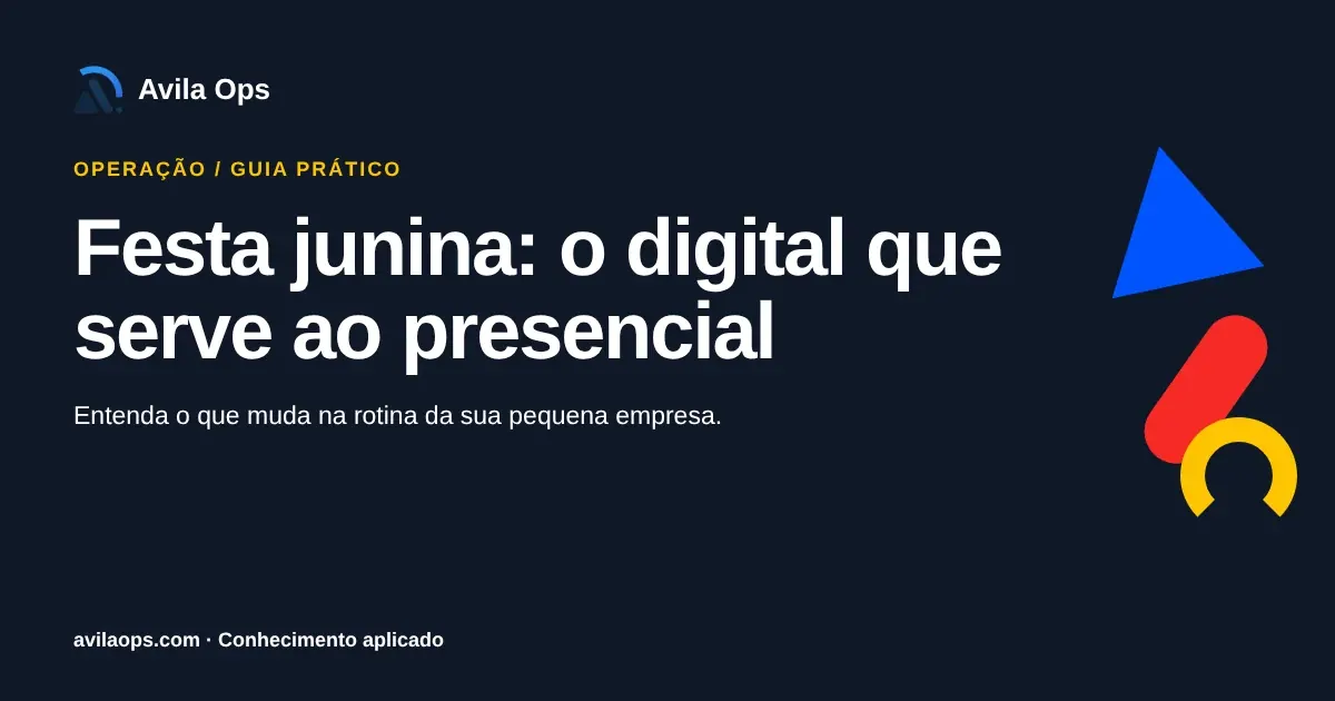Cartaz editorial com o título “Festa junina: o digital que serve ao presencial” e formas azul, vermelha e amarela da Avila Ops.