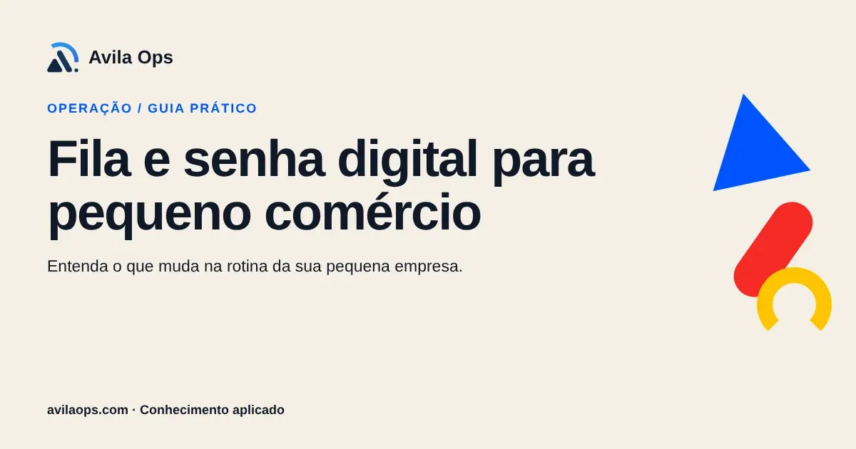 Cartaz editorial com o título “Fila e senha digital para pequeno comércio” e formas azul, vermelha e amarela da Avila Ops.