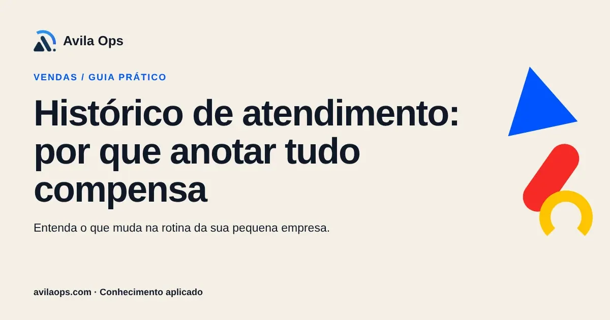 Cartaz editorial com o título “Histórico de atendimento: por que anotar tudo compensa” e formas azul, vermelha e amarela da Avila Ops.