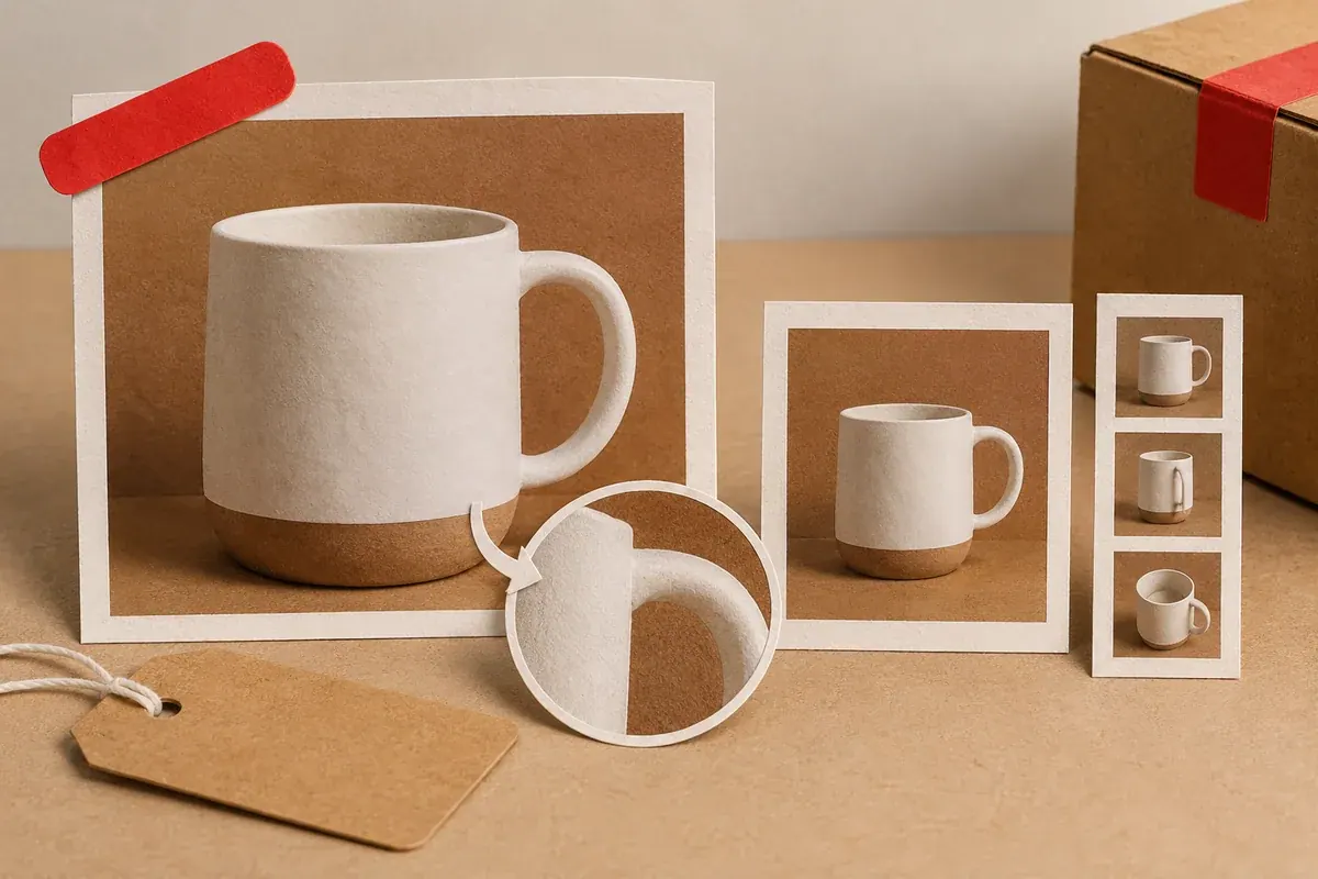 A mesma caneca aparece em foto principal, detalhe ampliado e miniaturas para usos diferentes na loja.