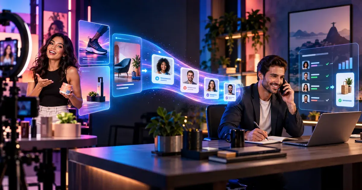 Celulares, anúncios e conversas conectados em uma bancada, representando o percurso de venda digital.