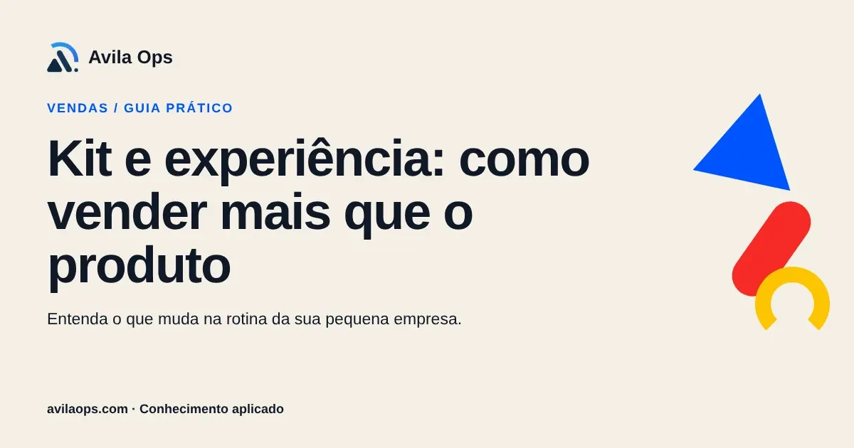 Cartaz editorial com o título “Kit e experiência: como vender mais que o produto” e formas azul, vermelha e amarela da Avila Ops.