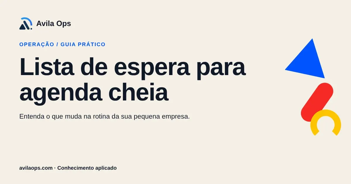 Cartaz editorial com o título “Lista de espera para agenda cheia” e formas azul, vermelha e amarela da Avila Ops.