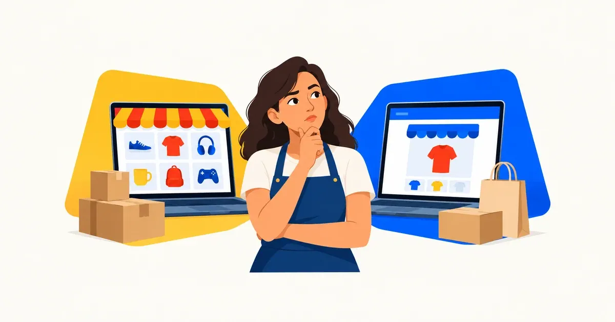Lojista compara catálogo de várias categorias e apresentação exclusiva de sua loja de camisetas.