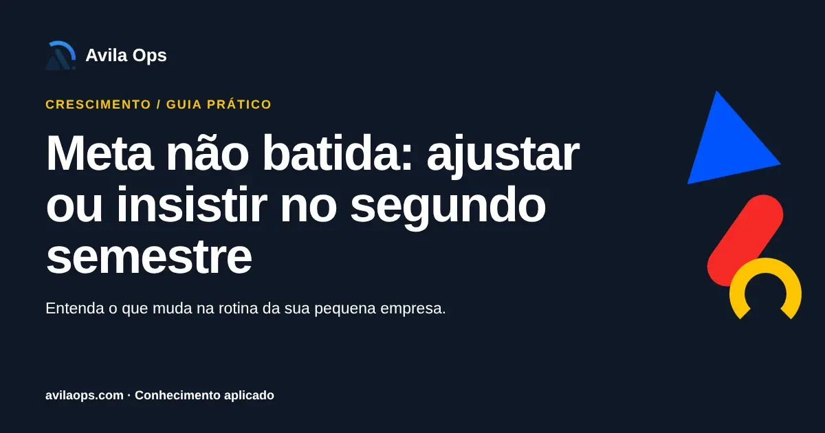 Cartaz editorial com o título “Meta não batida: ajustar ou insistir no segundo semestre” e formas azul, vermelha e amarela da Avila Ops.