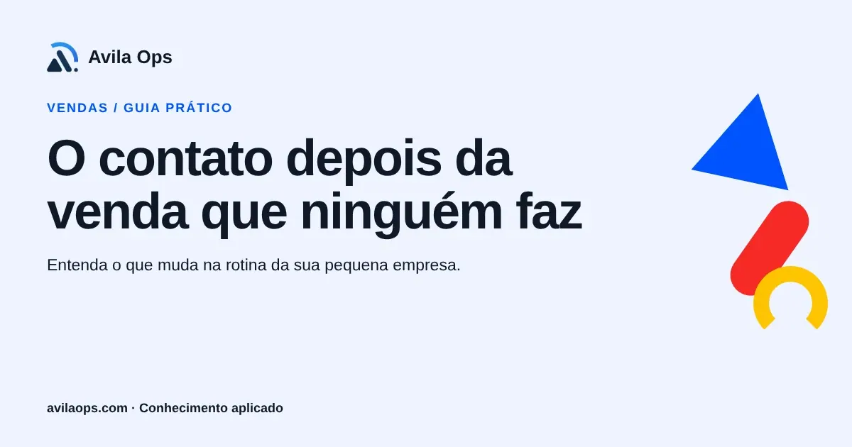 Cartaz editorial com o título “O contato depois da venda que ninguém faz” e formas azul, vermelha e amarela da Avila Ops.