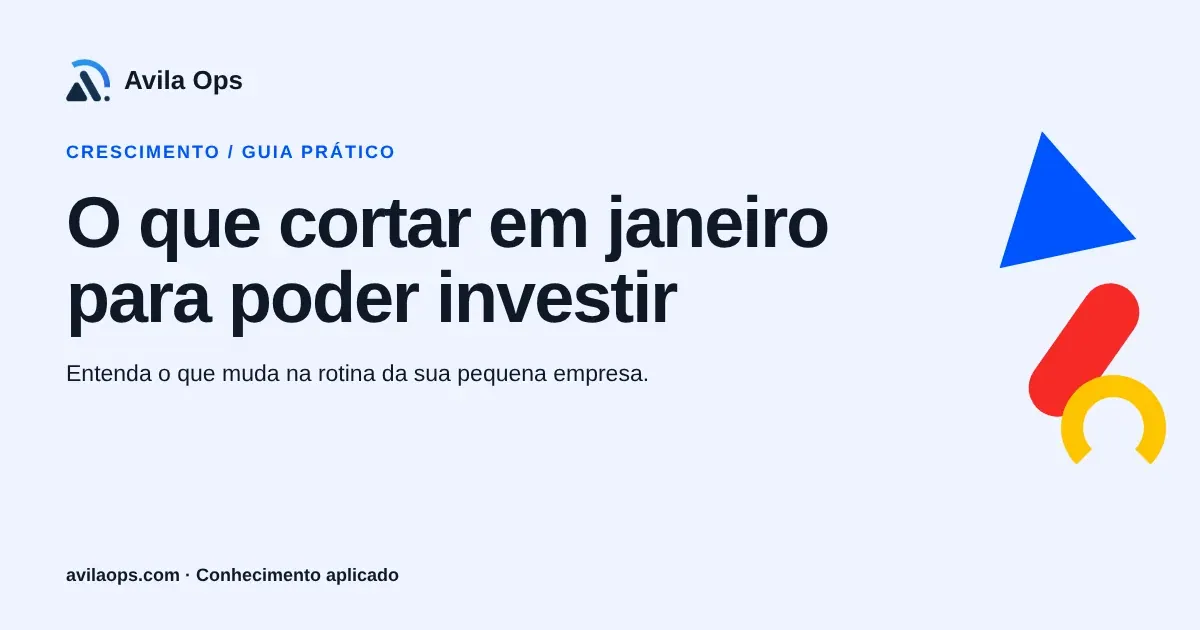 Cartaz editorial com o título “O que cortar em janeiro para poder investir” e formas azul, vermelha e amarela da Avila Ops.
