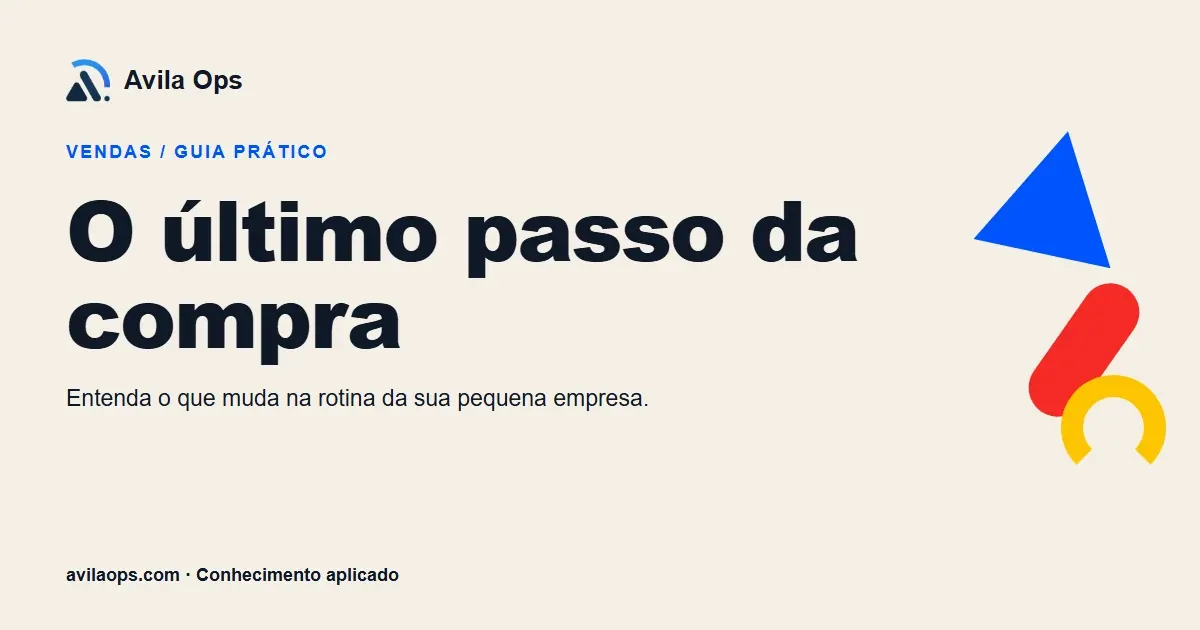 Cartaz editorial com o título “O último passo da compra” e formas azul, vermelha e amarela da Avila Ops.