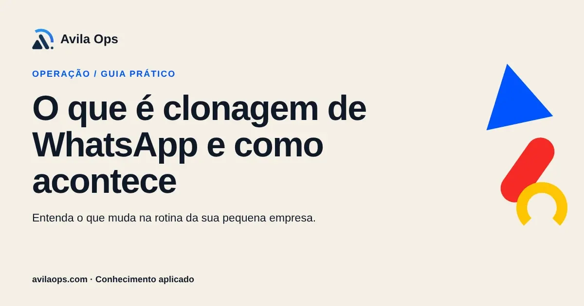 Cartaz editorial com o título “O que é clonagem de WhatsApp e como acontece” e formas azul, vermelha e amarela da Avila Ops.