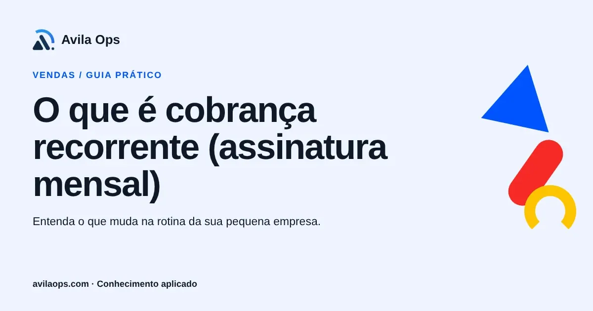 Cartaz editorial com o título “O que é cobrança recorrente (assinatura mensal)” e formas azul, vermelha e amarela da Avila Ops.