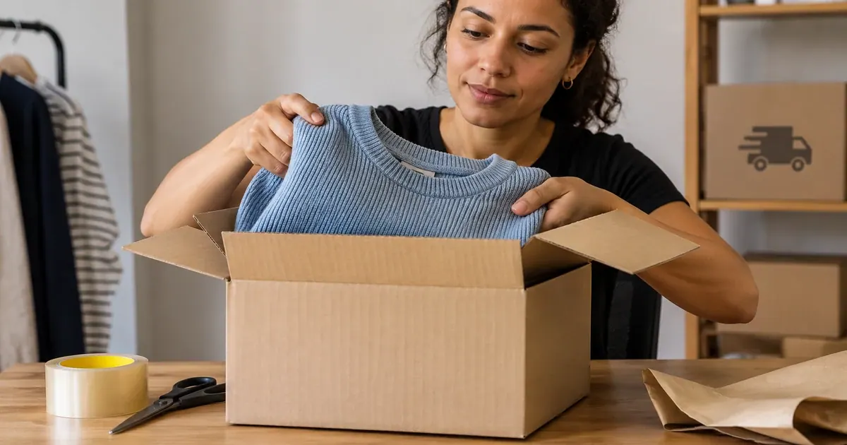 Cliente recoloca uma peça de roupa na embalagem para devolução.