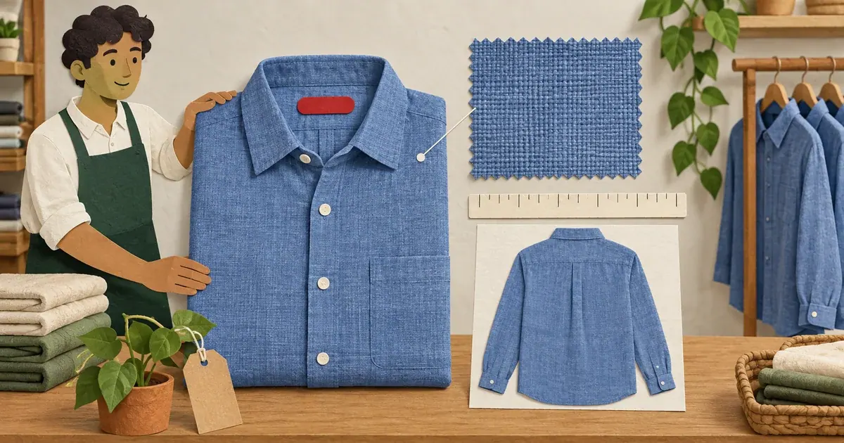 Camisa, detalhe do tecido e referência de medida mostram informações que a ficha do produto precisa apresentar.