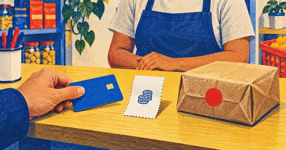 Cartão, pedido embalado e comprovante simbolizam o serviço do intermediário e a cobrança pelo processamento.