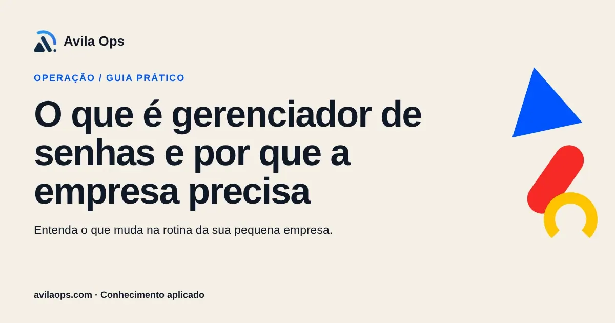 Cartaz editorial com o título “O que é gerenciador de senhas e por que a empresa precisa” e formas azul, vermelha e amarela da Avila Ops.