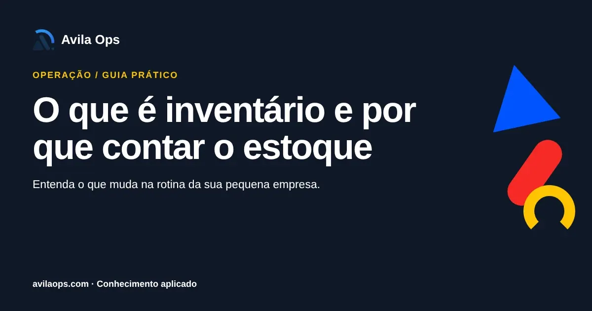 Cartaz editorial com o título “O que é inventário e por que contar o estoque” e formas azul, vermelha e amarela da Avila Ops.