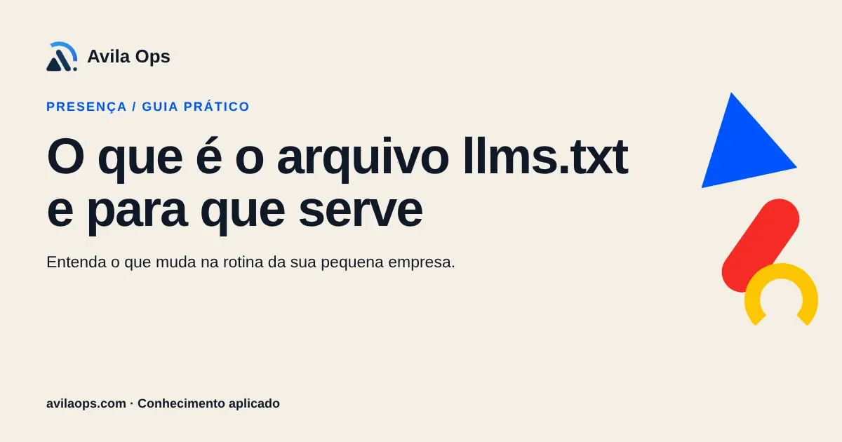 Cartaz editorial com o título “O que é o arquivo llms.txt e para que serve” e formas azul, vermelha e amarela da Avila Ops.