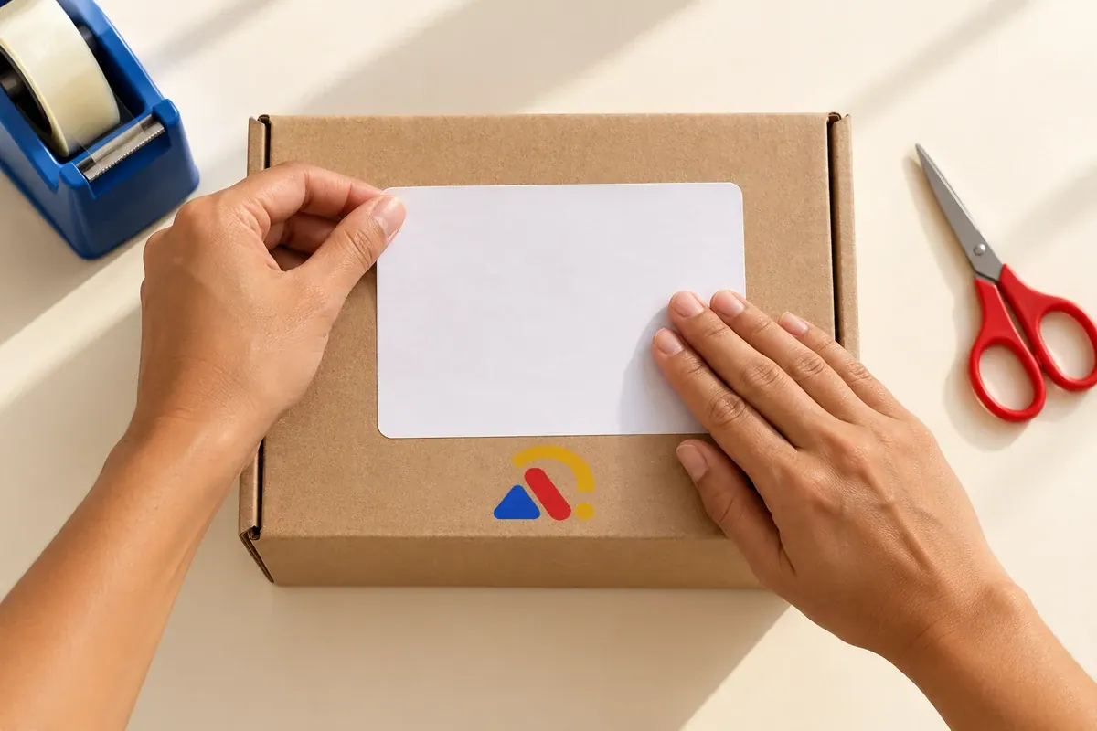 Mãos fixam uma etiqueta de envio em uma caixa de devolução, preparando o pacote para postagem.