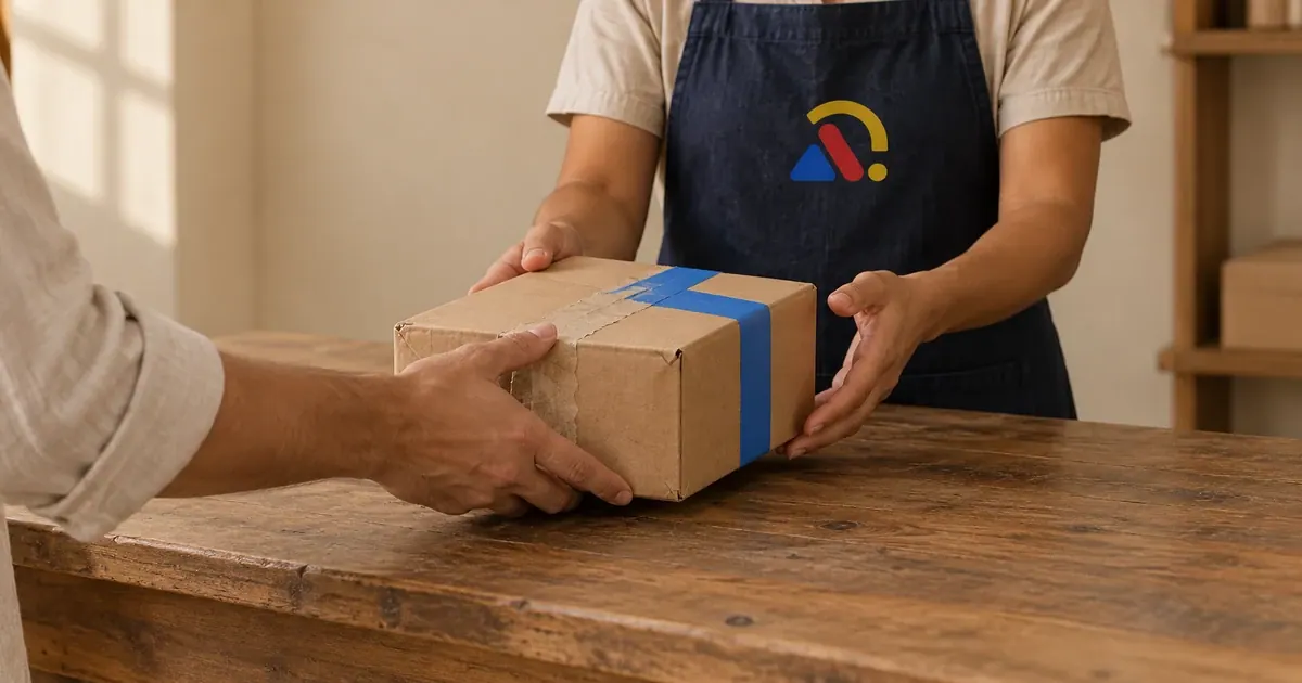 Mãos recebem uma caixa devolvida sobre o balcão de uma pequena loja, ilustrando o retorno do produto ao vendedor.