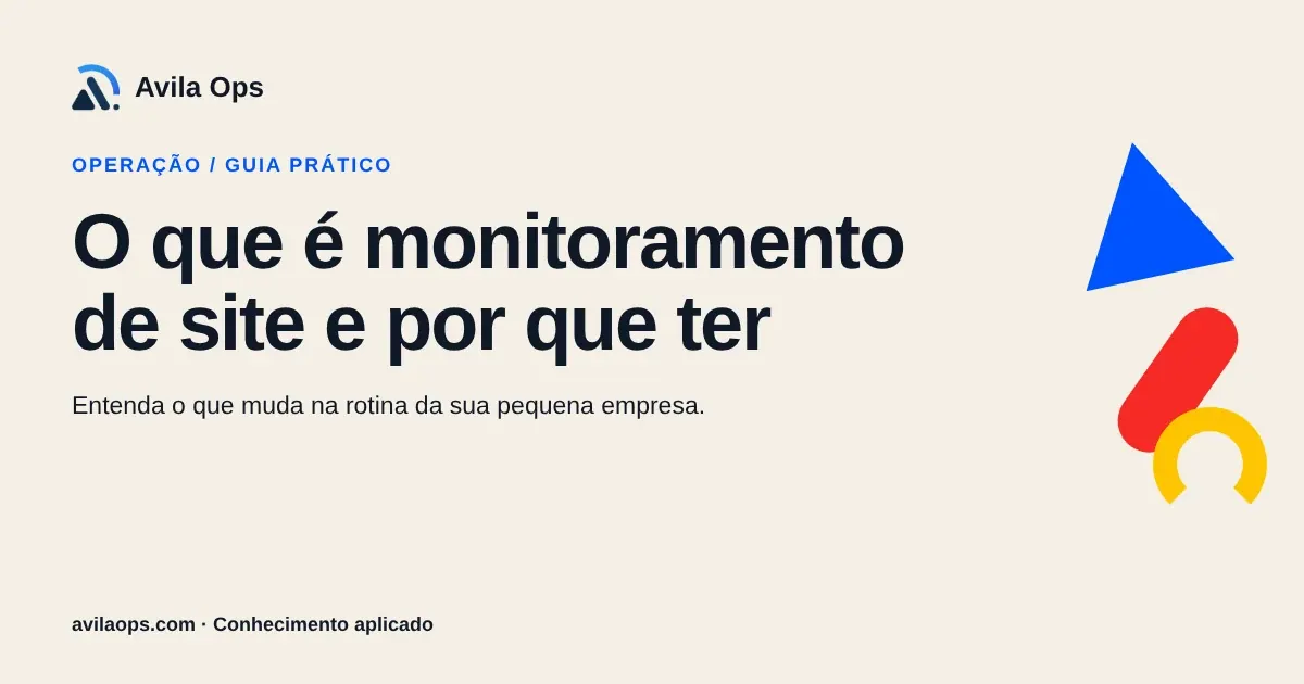Cartaz editorial com o título “O que é monitoramento de site e por que ter” e formas azul, vermelha e amarela da Avila Ops.