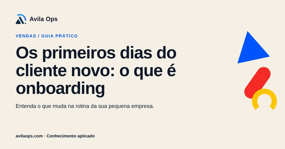 Cartaz editorial com o título “Os primeiros dias do cliente novo: o que é onboarding” e formas azul, vermelha e amarela da Avila Ops.